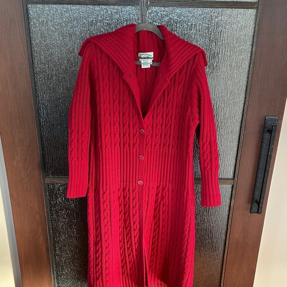 Aran Crafts Ireland 100% Merino Wool Long Sweater Cardigan Coatigan XL Red - Picture 3 of 9